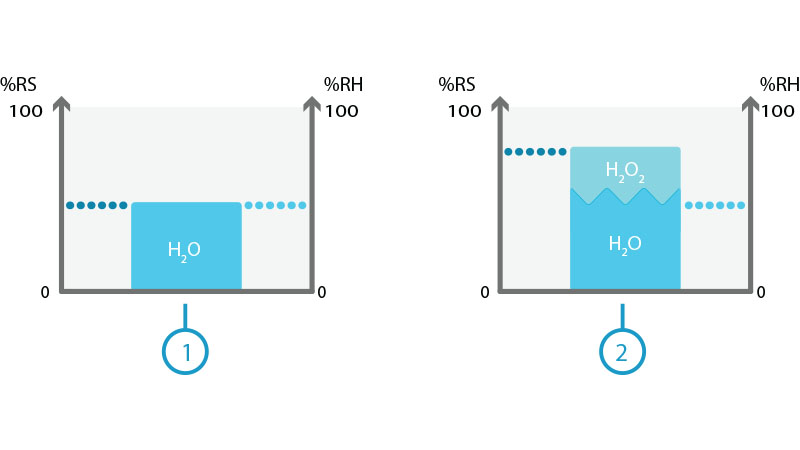 H2O 和 H2O2 对相对饱和度 (RS) 和相对湿度 (RH) 的影响